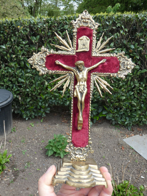 Antique french bronze crucifix red velvet