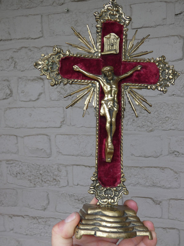 Antique french bronze crucifix red velvet