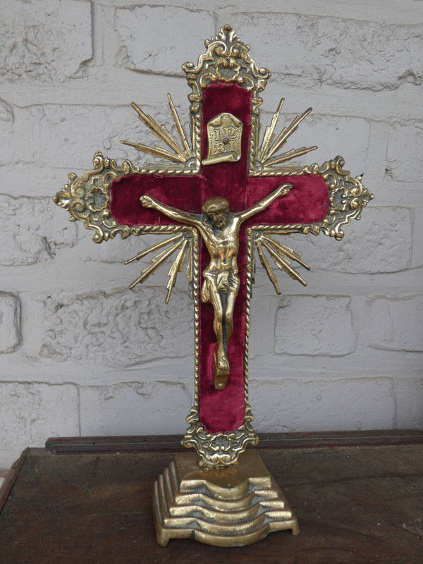 Antique french bronze crucifix red velvet