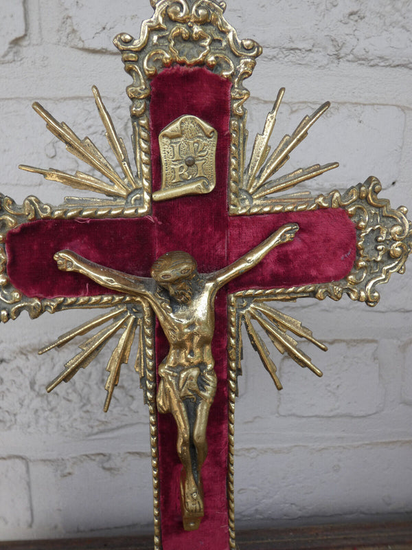 Antique french bronze crucifix red velvet