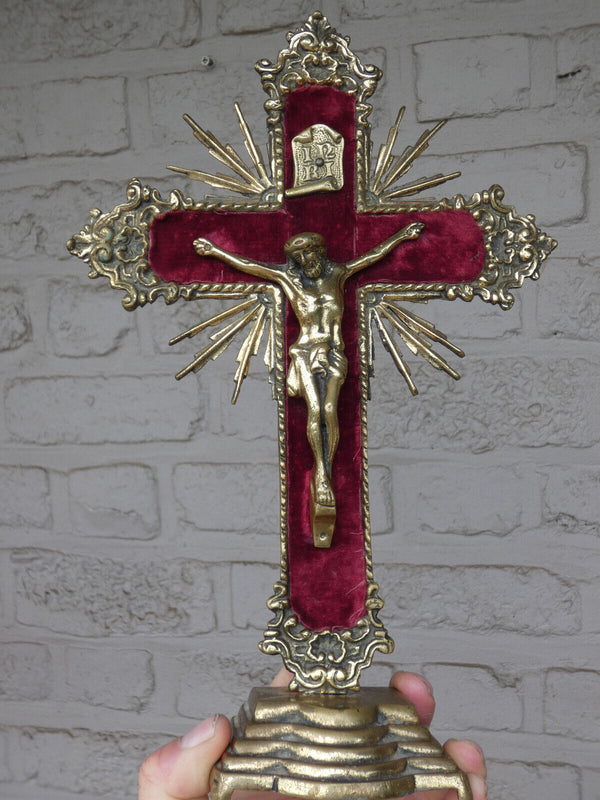 Antique french bronze crucifix red velvet