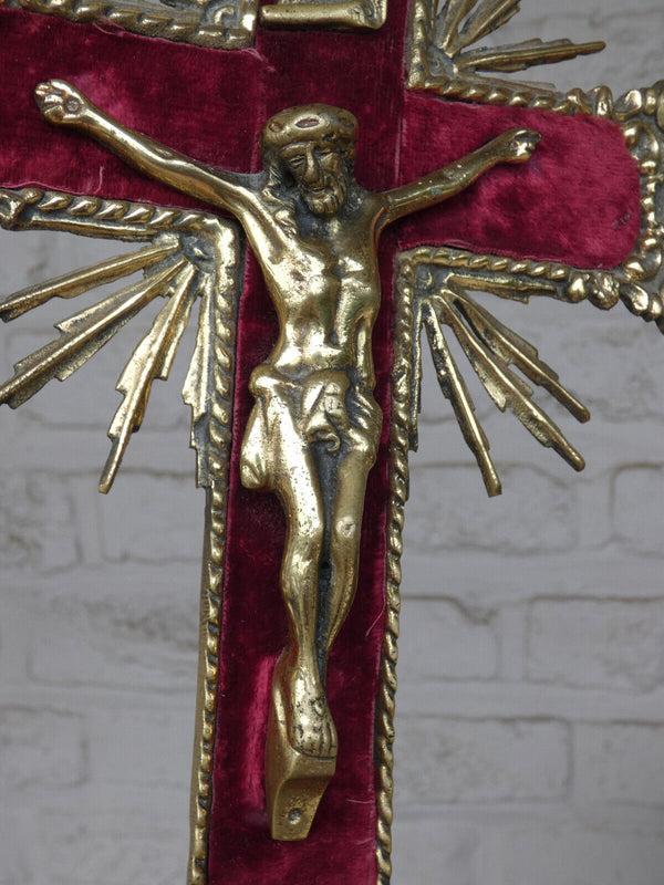 Antique french bronze crucifix red velvet