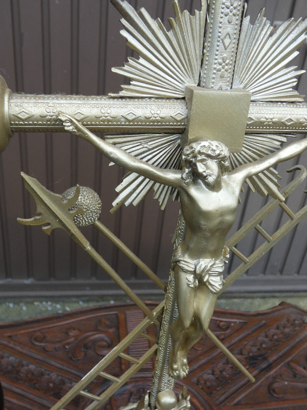 Antique large French brass Silver patinated Crucifix  religious