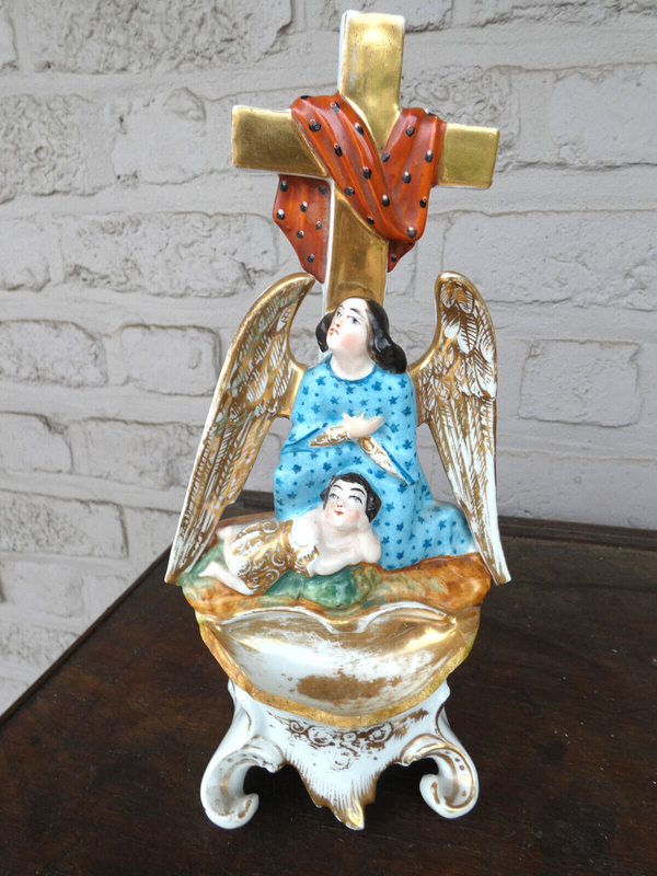 Antique vieux paris porcelain angel holy water font crucifix rare 19thc