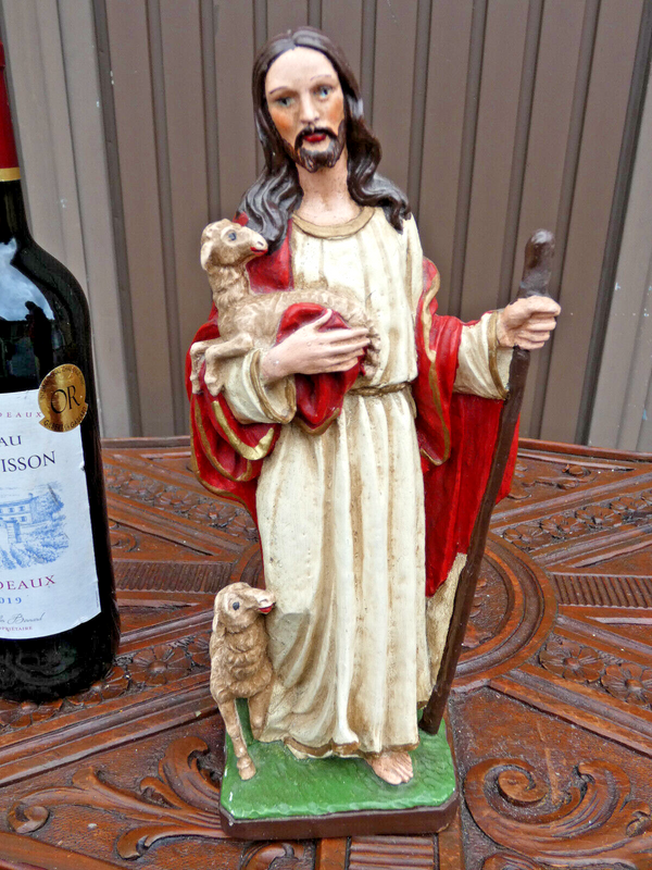 Antique French ceramic statue jesus with lambs religious