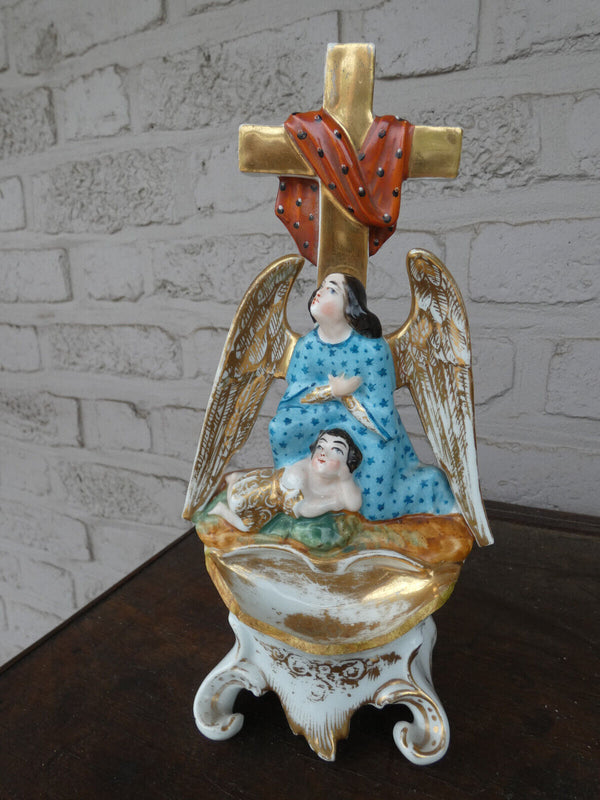 Antique vieux paris porcelain angel holy water font crucifix rare 19thc