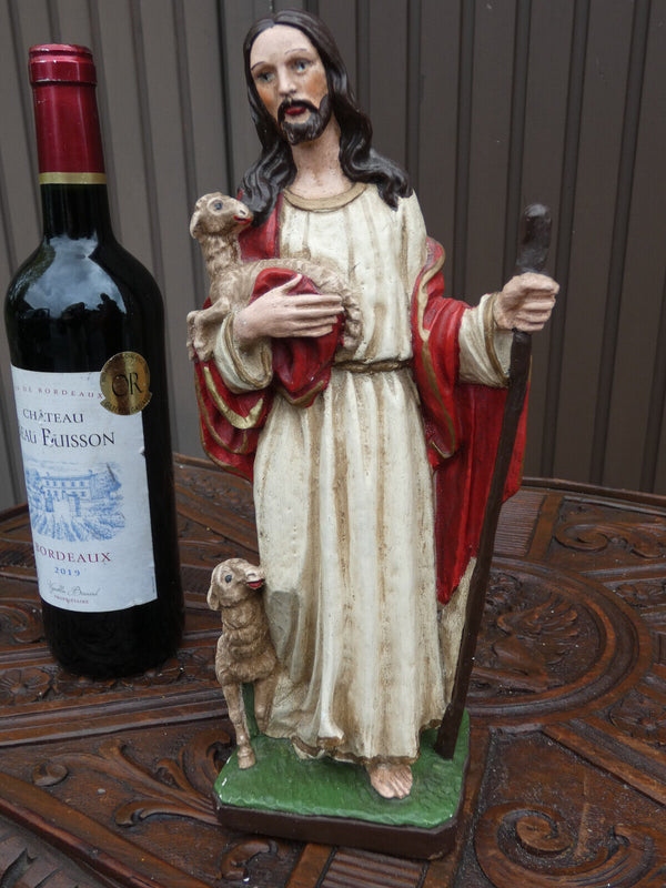 Antique French ceramic statue jesus with lambs religious