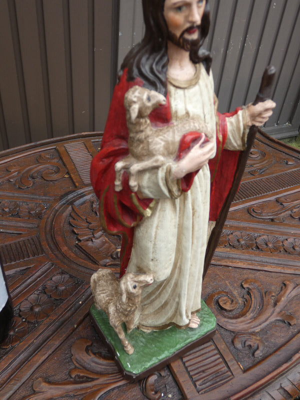 Antique French ceramic statue jesus with lambs religious