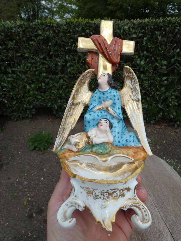 Antique vieux paris porcelain angel holy water font crucifix rare 19thc