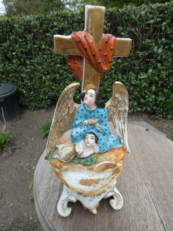 Antique vieux paris porcelain angel holy water font crucifix rare 19thc