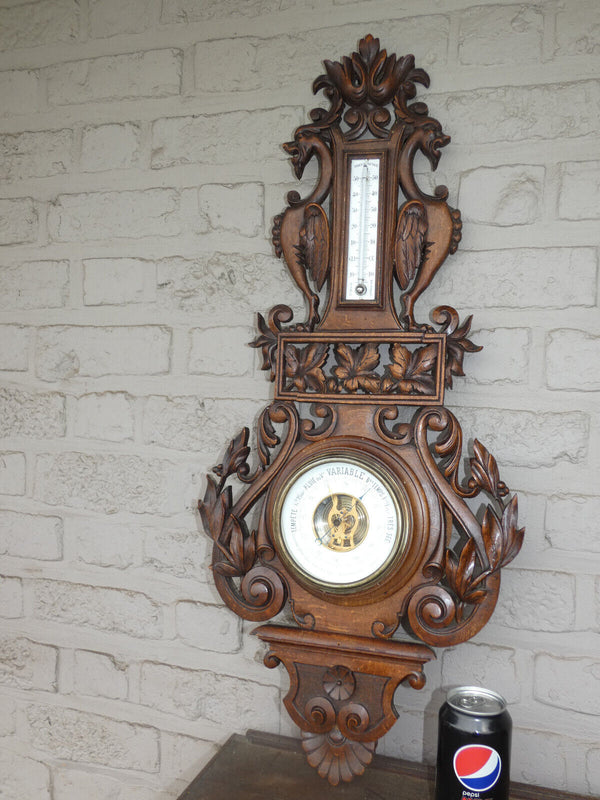 Antique Black forest wood carving Wall barometer dragons floral rare