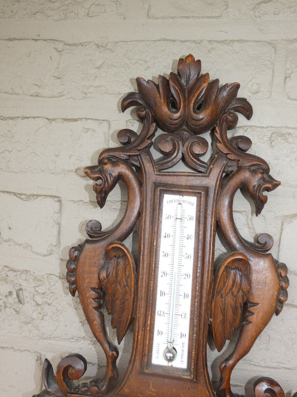 Antique Black forest wood carving Wall barometer dragons floral rare