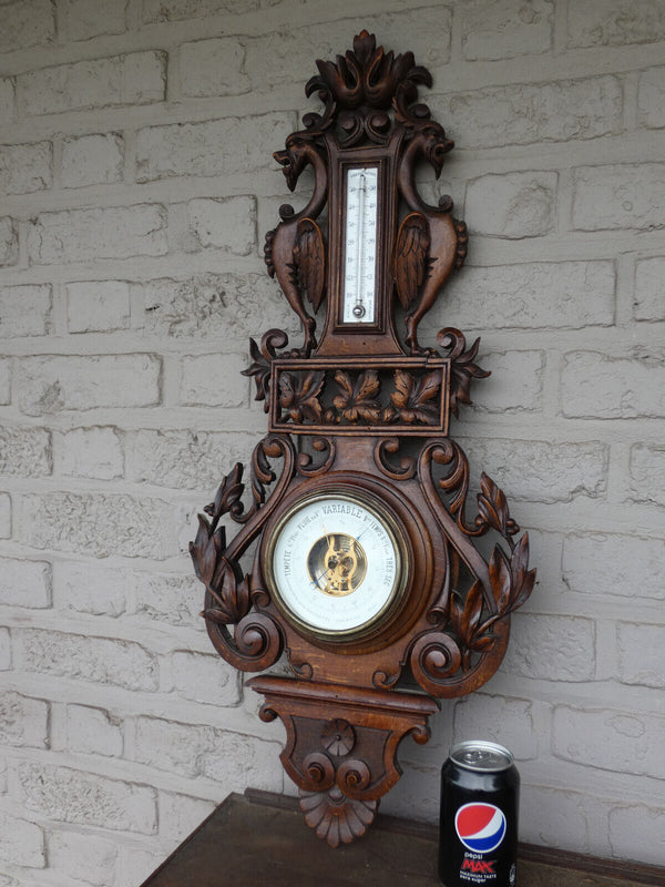 Antique Black forest wood carving Wall barometer dragons floral rare