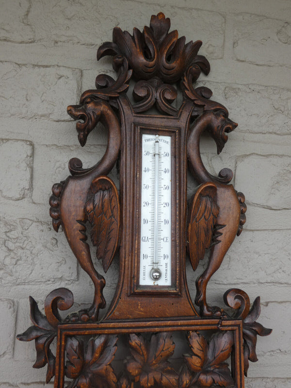 Antique Black forest wood carving Wall barometer dragons floral rare