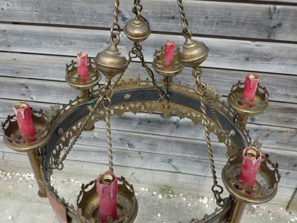 Antique Brass church neo gothic chandelier lamp Plaquettes enamel