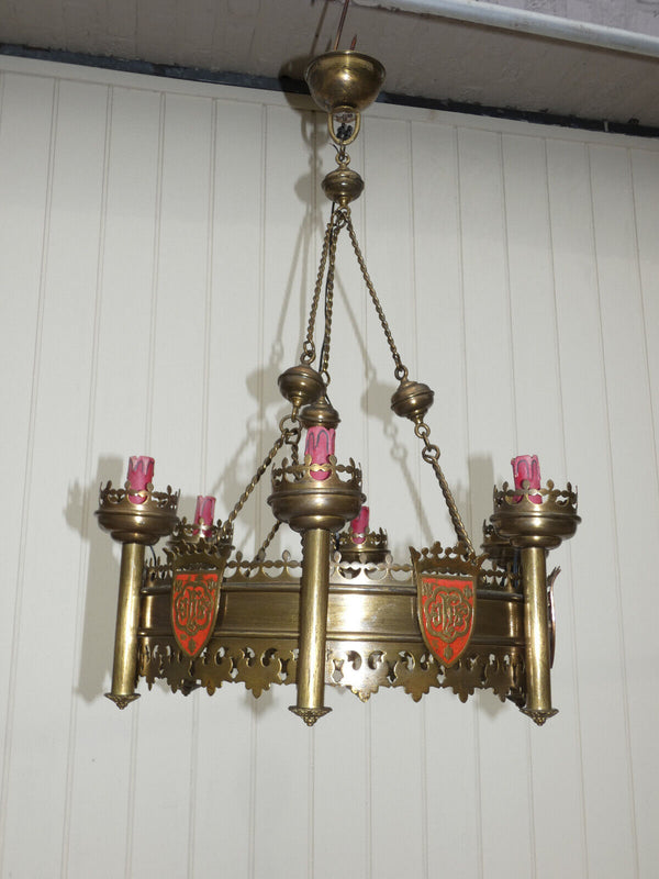 Antique Brass church neo gothic chandelier lamp Plaquettes enamel