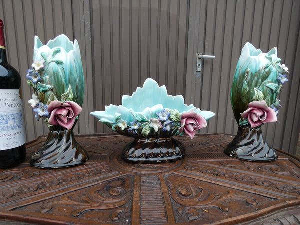 Antique Art nouveau barbotine Majolica Vases floral mantel set