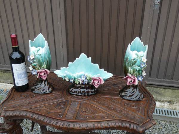 Antique Art nouveau barbotine Majolica Vases floral mantel set