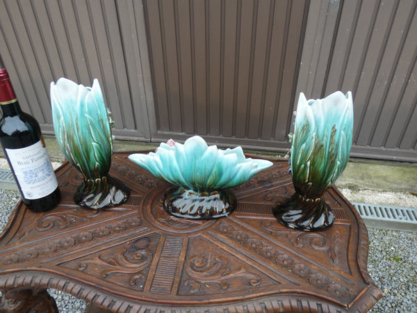 Antique Art nouveau barbotine Majolica Vases floral mantel set