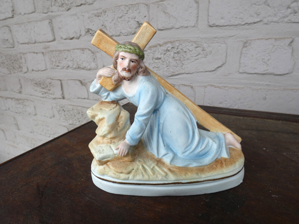 Antique Belgian vieux andenne bisque porcelain jesus carrying cross statue