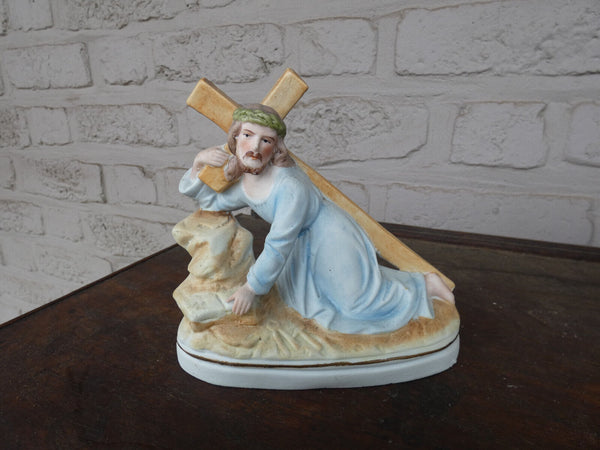 Antique Belgian vieux andenne bisque porcelain jesus carrying cross statue