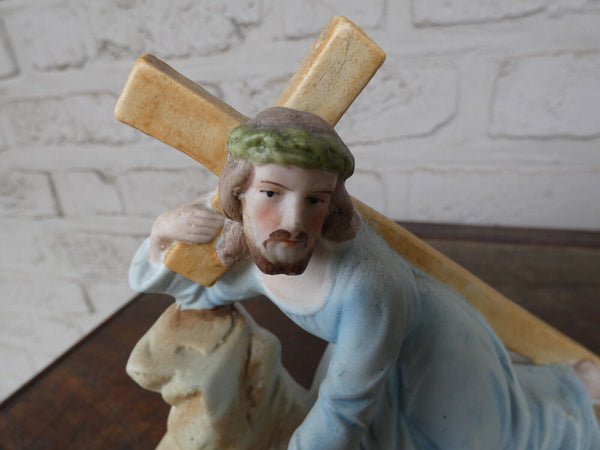 Antique Belgian vieux andenne bisque porcelain jesus carrying cross statue