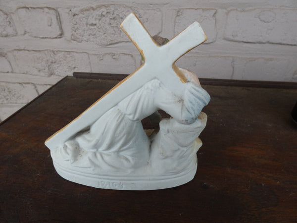 Antique Belgian vieux andenne bisque porcelain jesus carrying cross statue