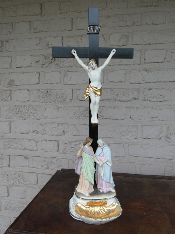 Antique Belgian vieux andenne bisque porcelain Crucifix calvary holy water font