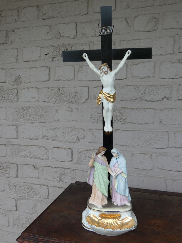 Antique Belgian vieux andenne bisque porcelain Crucifix calvary holy water font