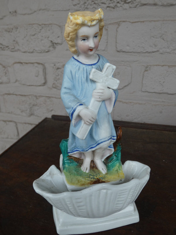 Antique Belgian vieux andenne bisque porcelain holy water font young jesus