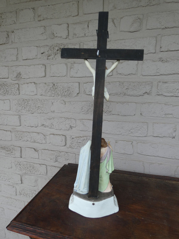 Antique Belgian vieux andenne bisque porcelain Crucifix calvary holy water font