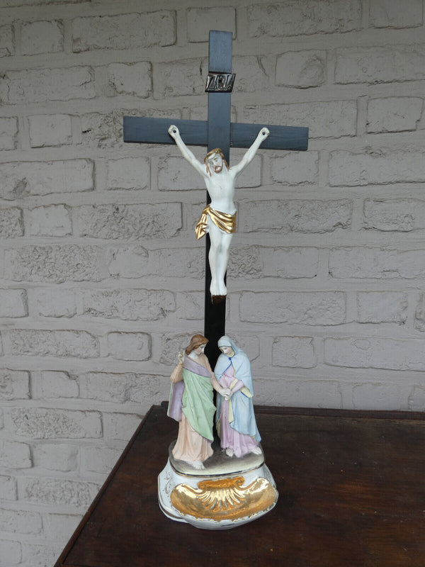 Antique Belgian vieux andenne bisque porcelain Crucifix calvary holy water font