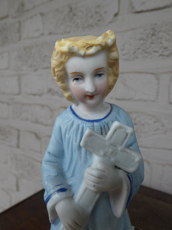 Antique Belgian vieux andenne bisque porcelain holy water font young jesus