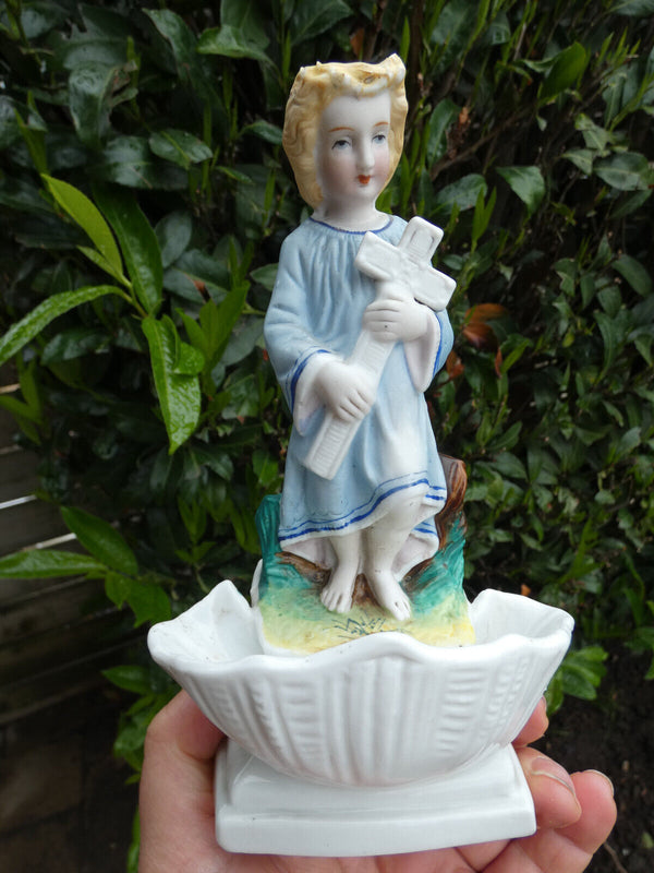 Antique Belgian vieux andenne bisque porcelain holy water font young jesus