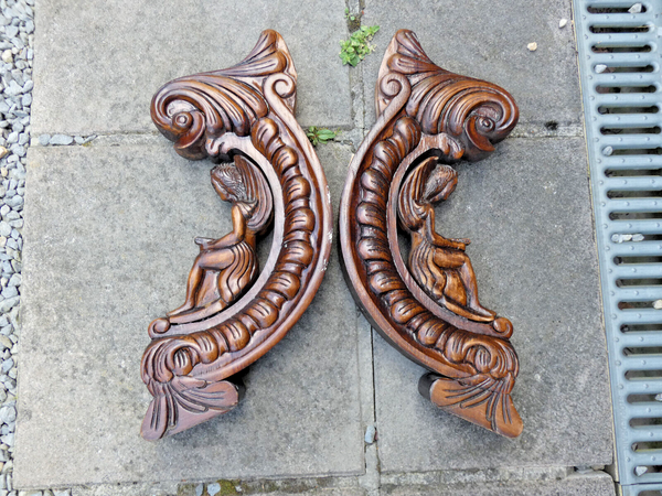 PAIR antique wood carved angel dolphin plaques statues