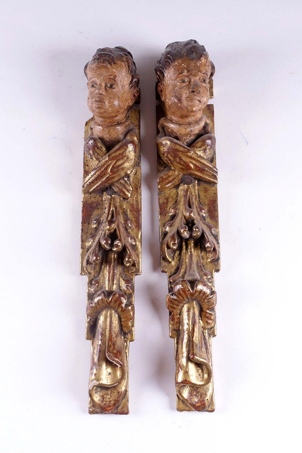 PAIR antique 19thc wood carved polychrome putti angel heads wall plaque statue