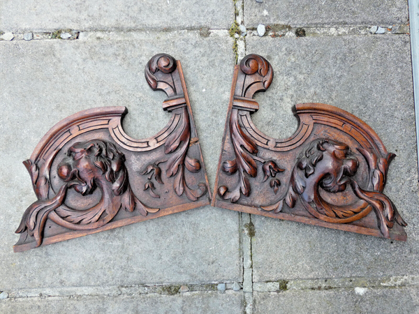 PAIR antique wood carved plaques dragon