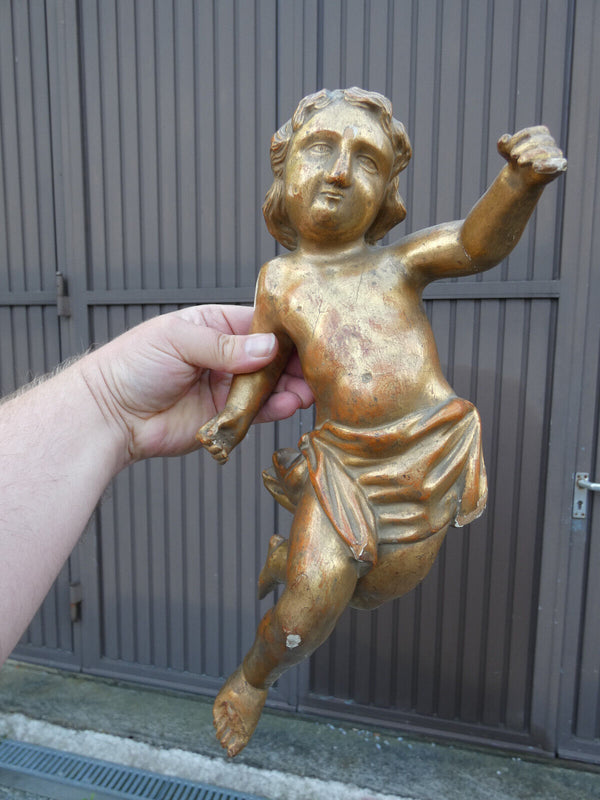 PAIR 19thc large Baroque Wood carved gold gilt putti cherub wall angels statue