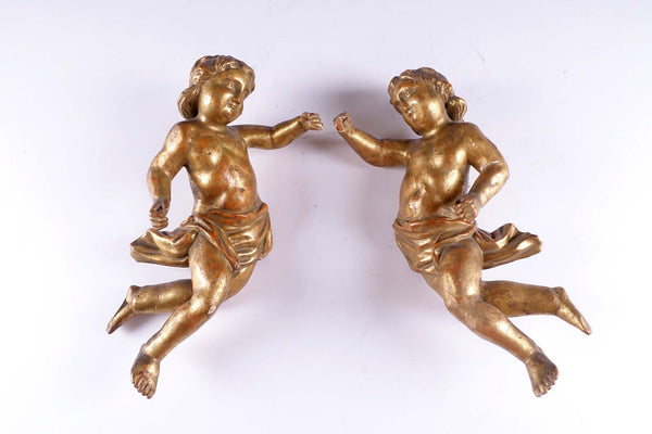 PAIR 19thc large Baroque Wood carved gold gilt putti cherub wall angels statue