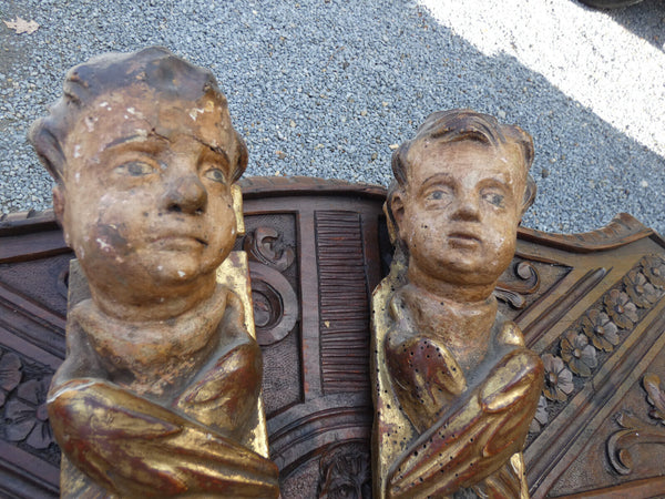 PAIR antique 19thc wood carved polychrome putti angel heads wall plaque statue