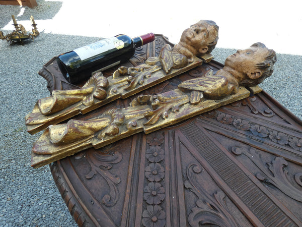 PAIR antique 19thc wood carved polychrome putti angel heads wall plaque statue