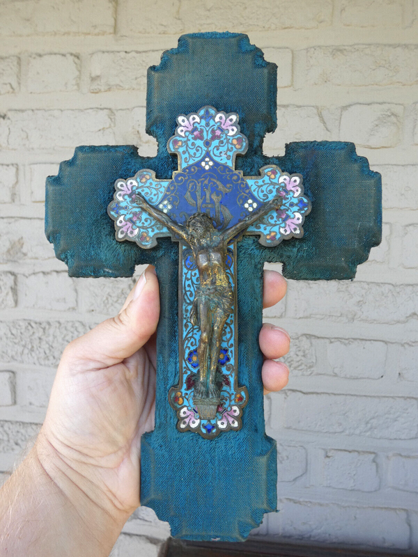 Antique 19thc cloisonne enamel Crucifix on velvet plaque religious