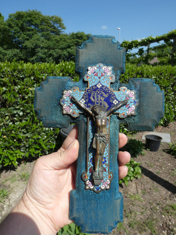 Antique 19thc cloisonne enamel Crucifix on velvet plaque religious