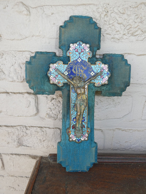 Antique 19thc cloisonne enamel Crucifix on velvet plaque religious