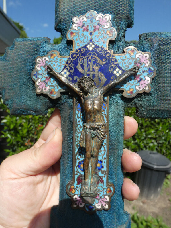 Antique 19thc cloisonne enamel Crucifix on velvet plaque religious