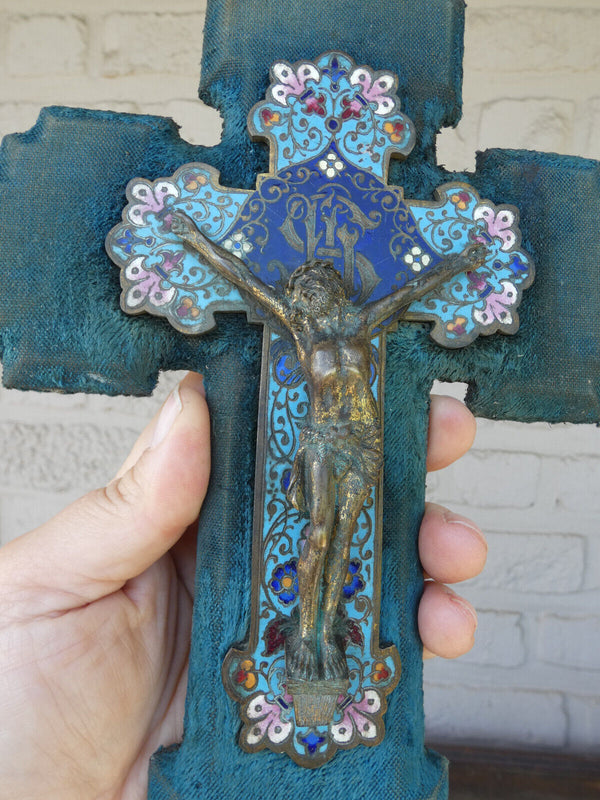 Antique 19thc cloisonne enamel Crucifix on velvet plaque religious