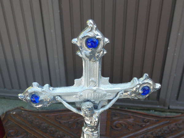 Vintage 1950 metal silver lacquered Crucifix blue stones