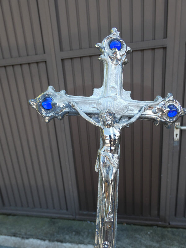 Vintage 1950 metal silver lacquered Crucifix blue stones