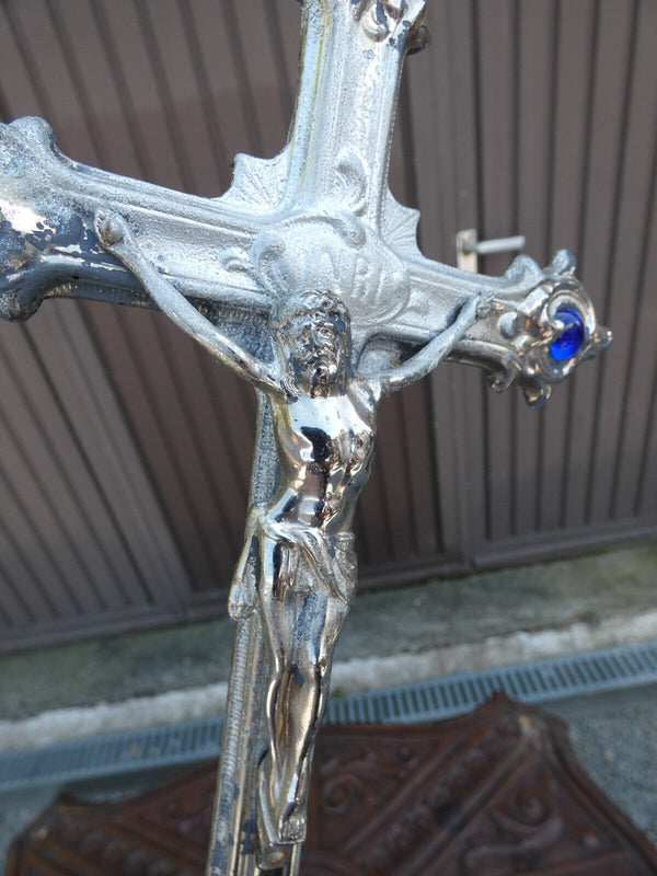 Vintage 1950 metal silver lacquered Crucifix blue stones