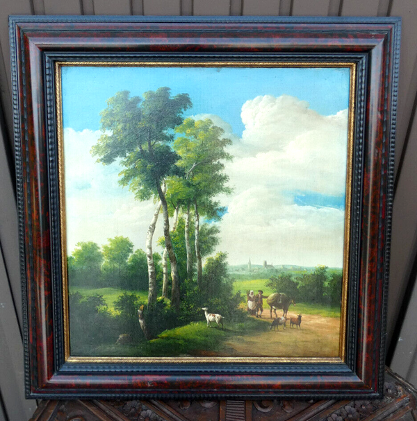 Antique Flanders school oil panel painting Landscape donkey goat signed